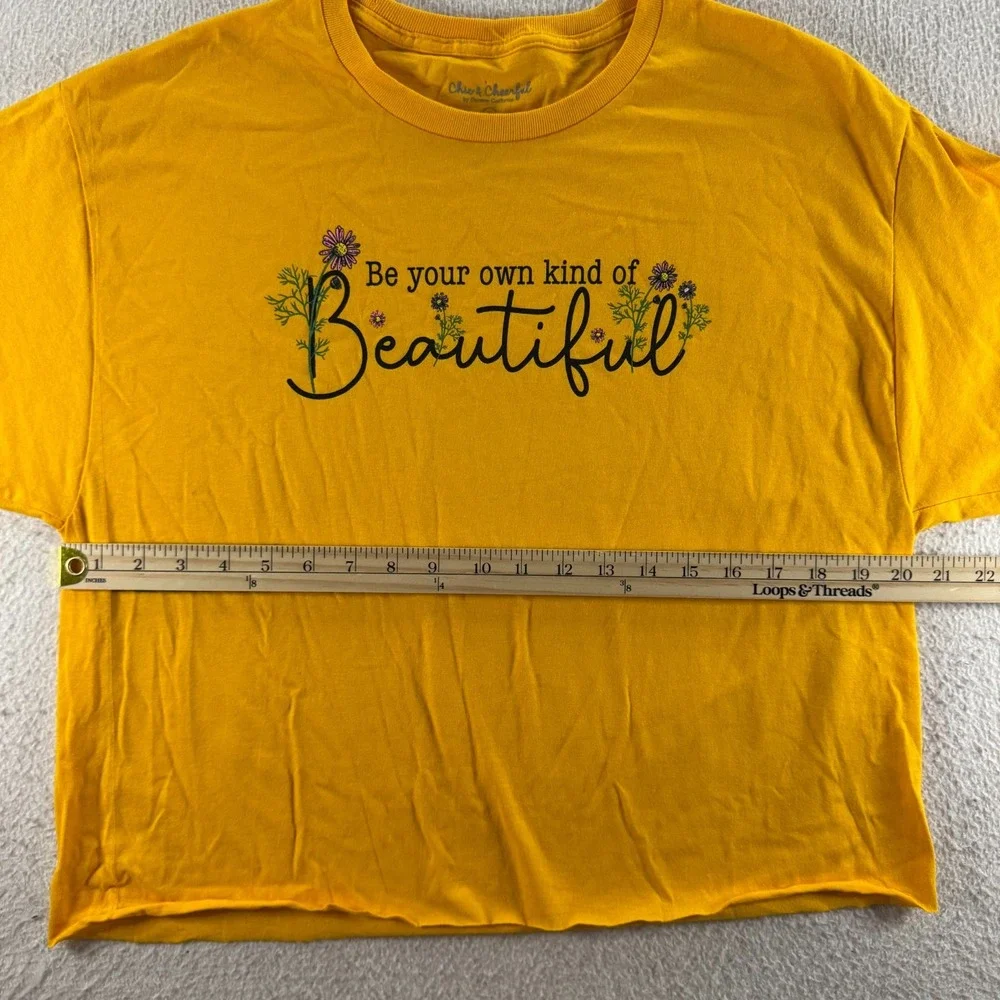 Chic & Cheerful Graphic Tee Womens Large Yellow Boxy Raw Hem Floral Chic Summer - Picture 4 of 6